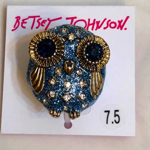 Betsey Johnson Gold Tone Blue Enamel Glitter Owl Stretchy Ring Size 7.5 NWT - Picture 5 of 10